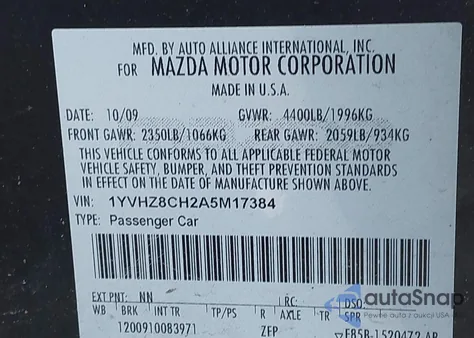 2010 Mazda Mazda6 I Touring z USA, uszkodzony, nr VIN 1YVHZ8CH2A5M17384